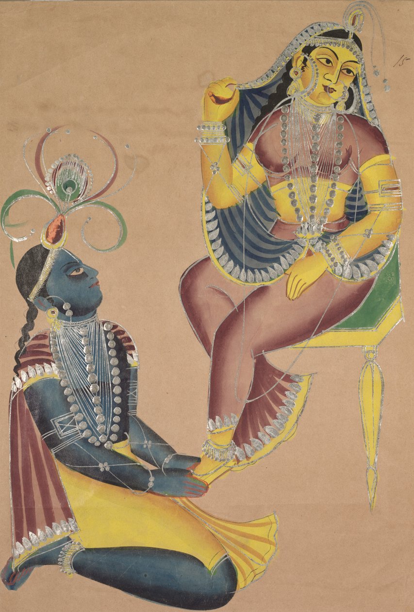 Krishna stryker Radhas fötter av Unknown artist