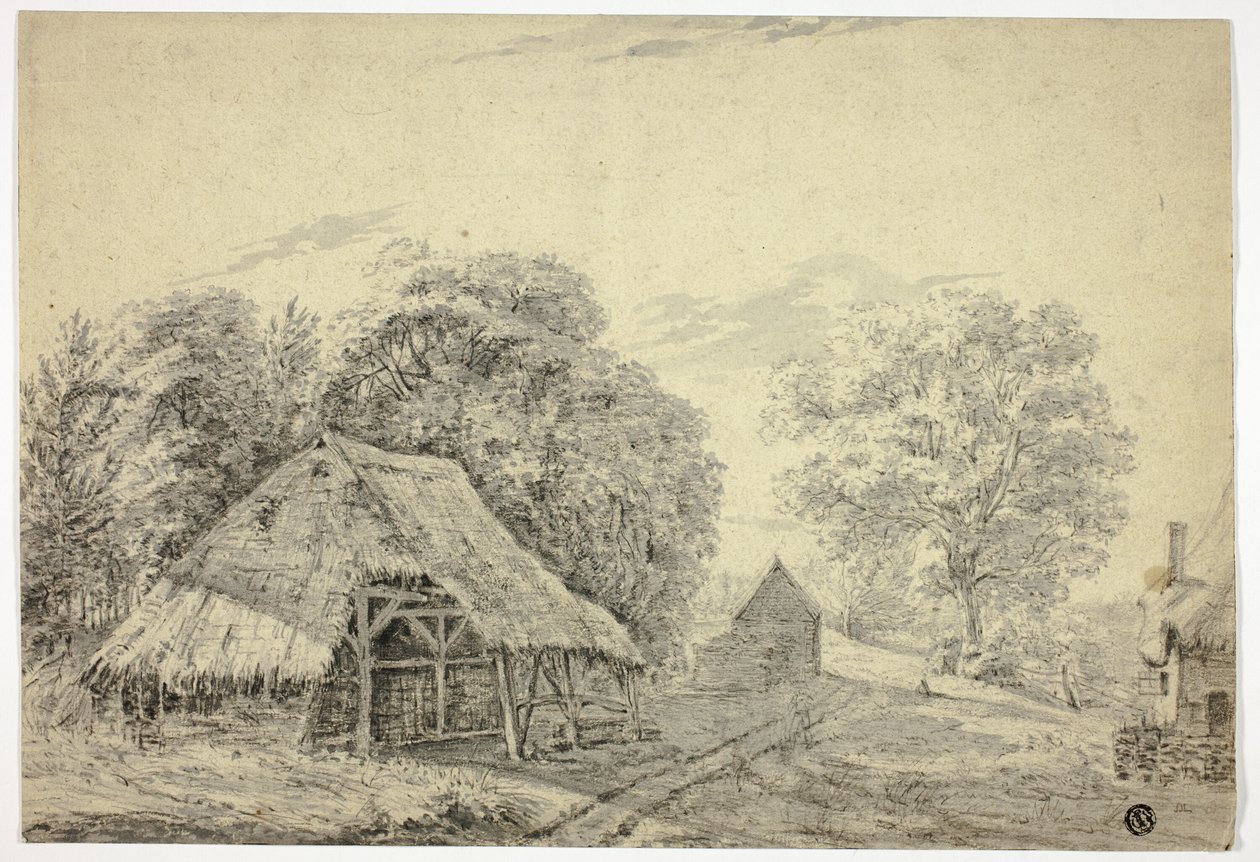 Halmtäckt skjul på gården av Unknown artist