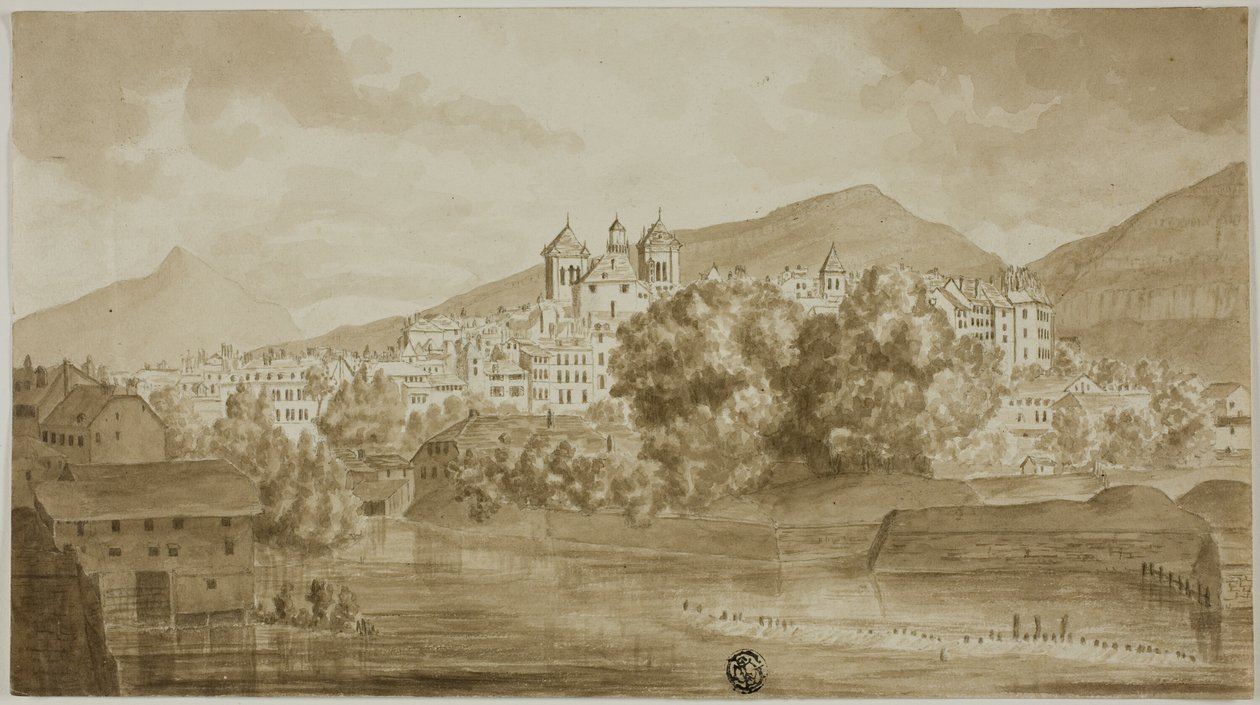 Utsikt över staden med utsikt över floden av Unknown artist