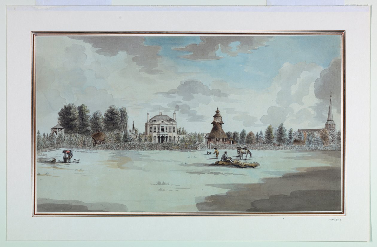 Utsikt över en trädgård med pagod av Unknown artist