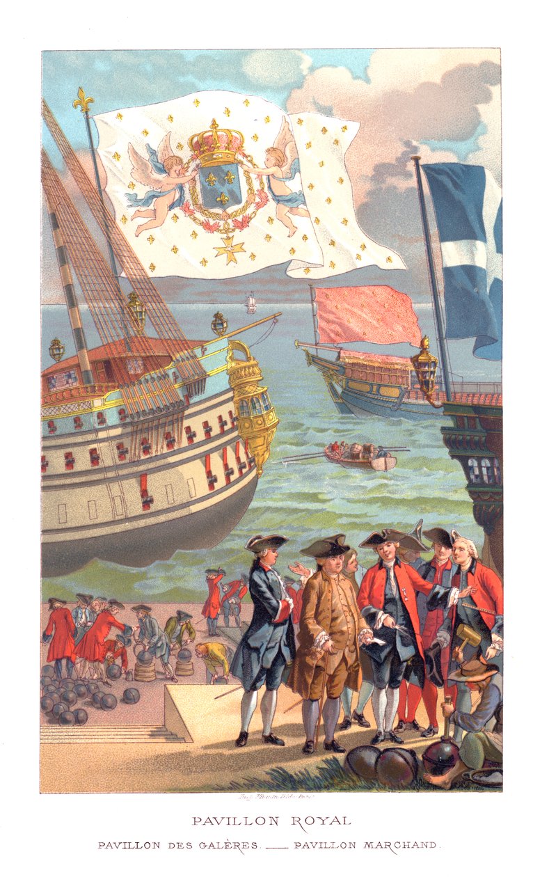 Kunglig flagga, galjonsflagga och handelsflagga, 1885. av Urrabieta
