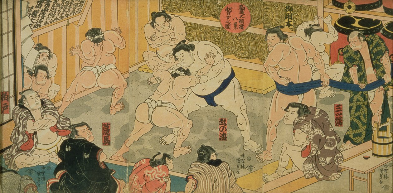 En av åtta vyer av Kanjin Sumo, pub. av Tsutaya, 1800-talet, (triptyk, oban-storlek, färgträtryck) av Utagawa Kunisada