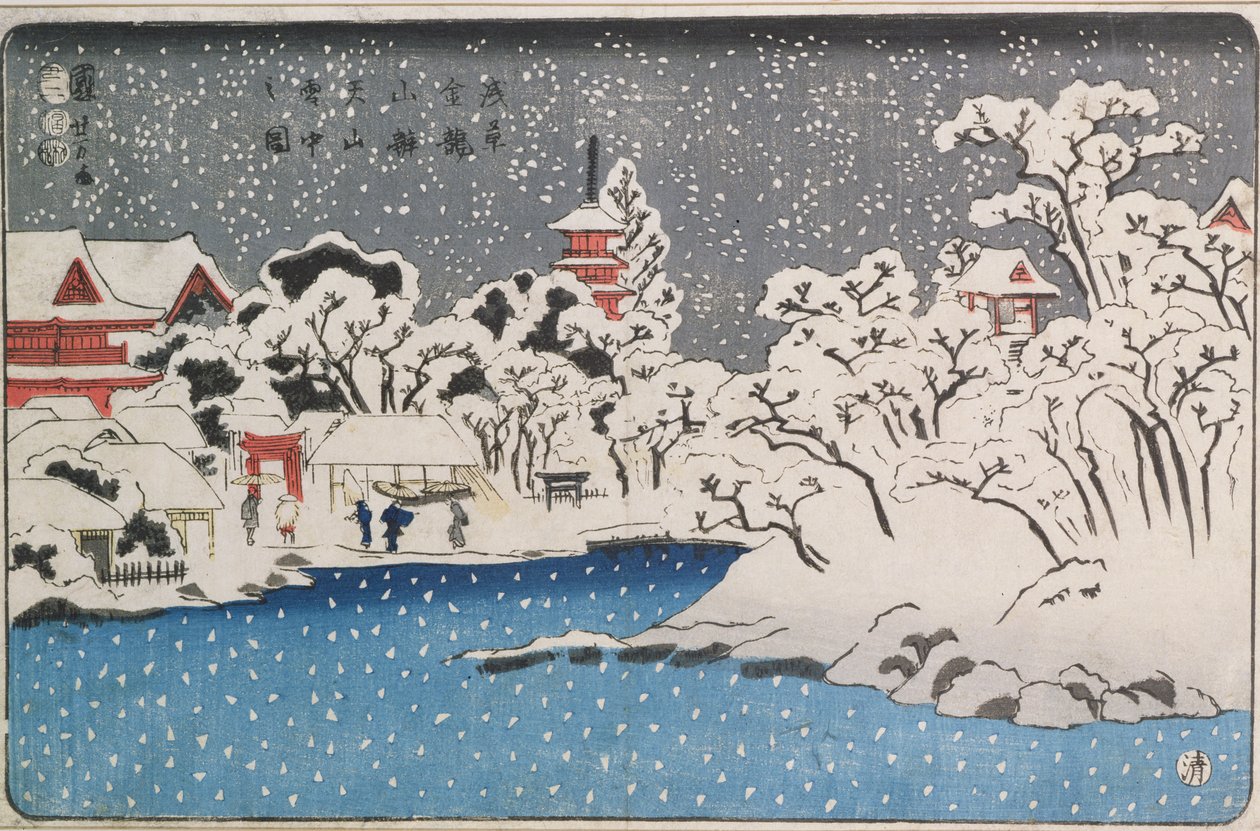 En snöstorm vid Kinryuzan-templet (träblock i färg) av Utagawa Kuniyoshi