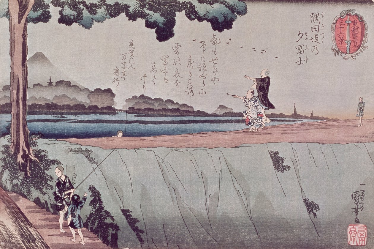 Mount Fuji från Sumidaflodens vallen, en av utsikterna från Edo, c.1842 av Utagawa Kuniyoshi