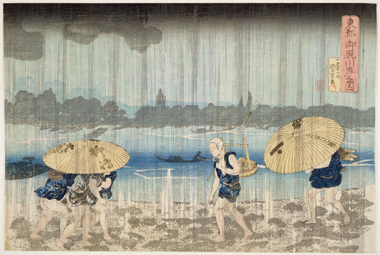 Dusch på stranden av Sumidafloden vid Ommaya Embankment i Edo, ca 1834 (träblocktryck) av Utagawa Kuniyoshi