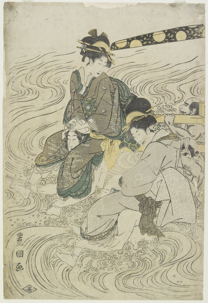 (Två kvinnor som korsar en flod på coolies axlar) av Utagawa Toyokuni