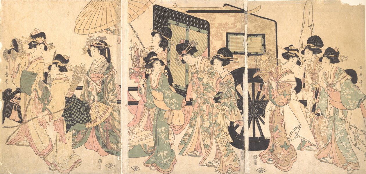 Damer som omger en vagn. av Utamaro II
