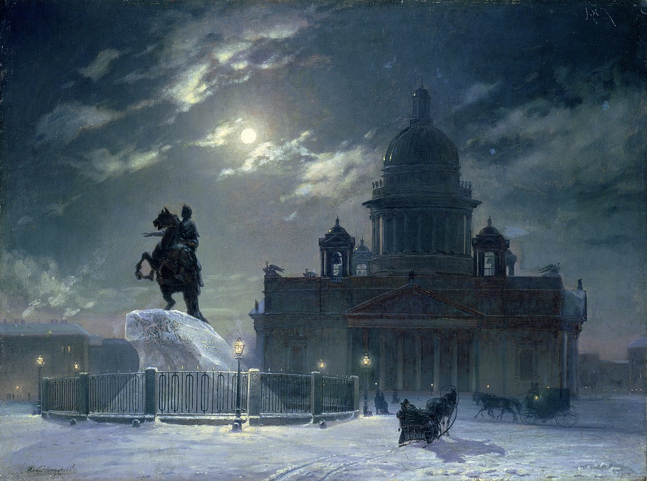 Utsikt över monumentet till Peter den store på Senatstorget, St. Petersburg, 1870 av Vasilij Ivanovic Surikov