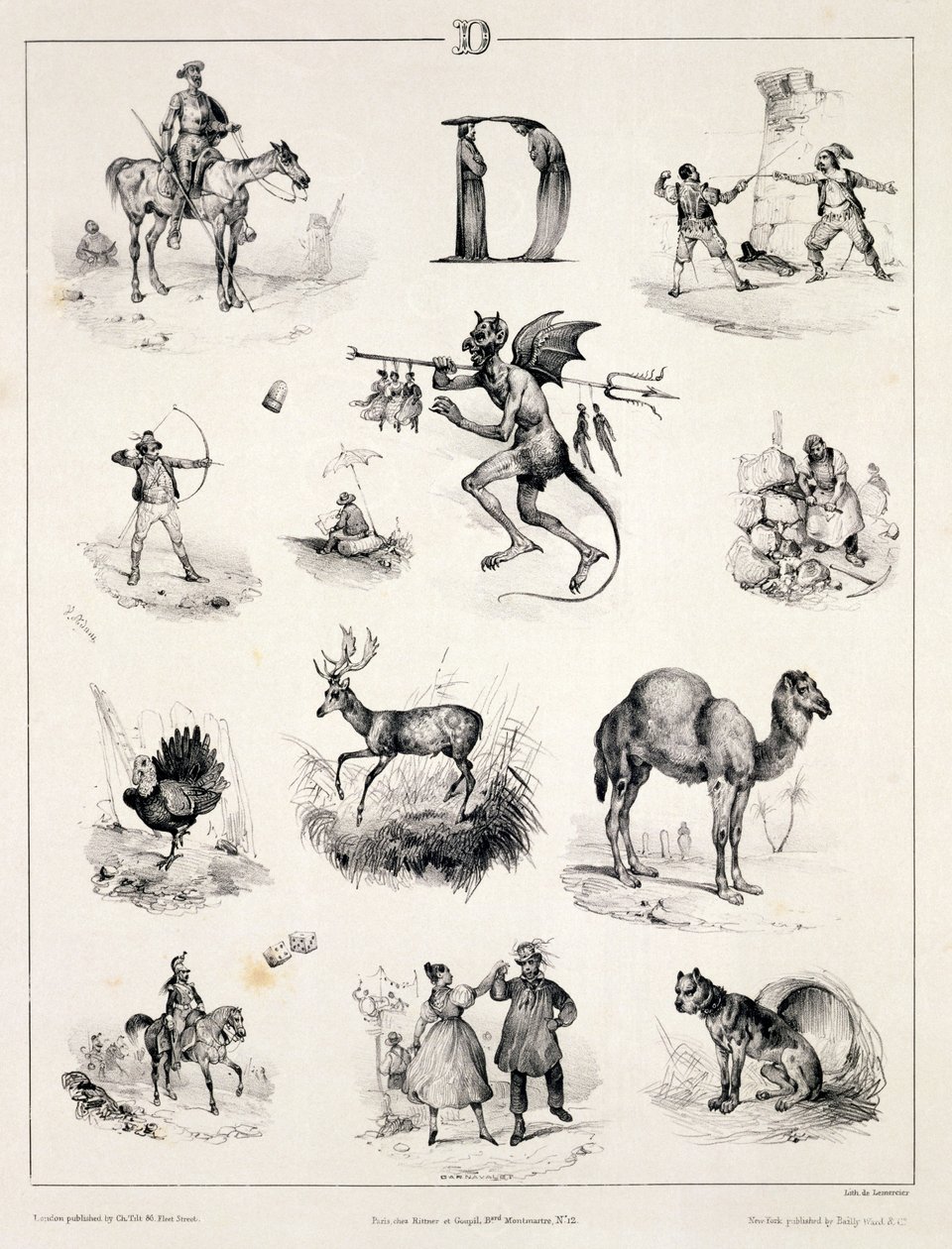 Bokstaven D från en alfabetets primer, 1832 av Victor Adam