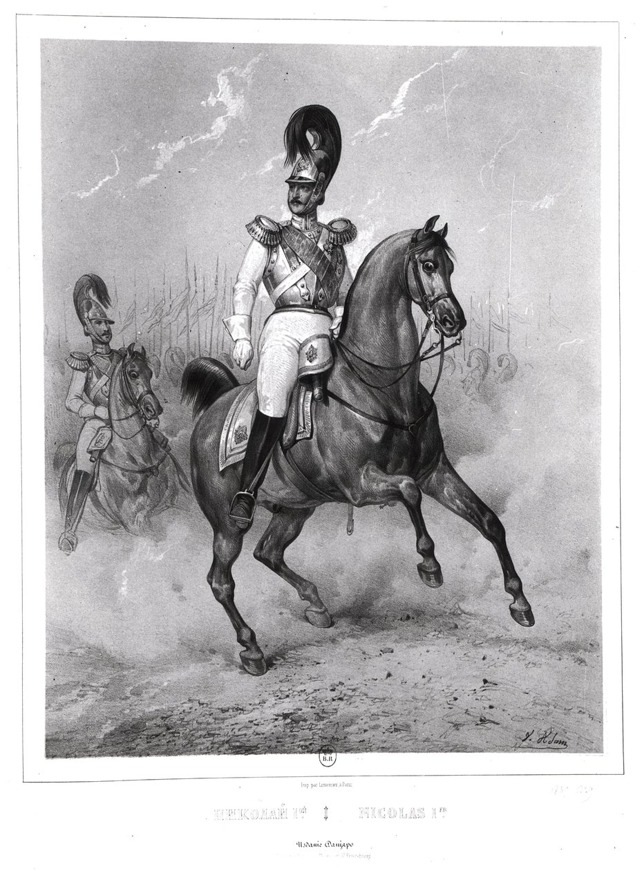 Portræt af Nicholas I Pavlovich (1796-1855) til hest med sin hærsvend av Victor Adam
