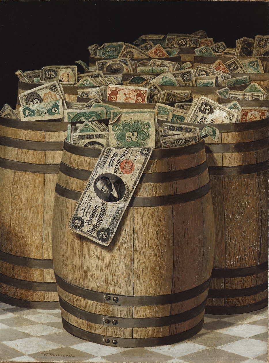 Barrels of Money (olja på duk) av Victor Dubreuil