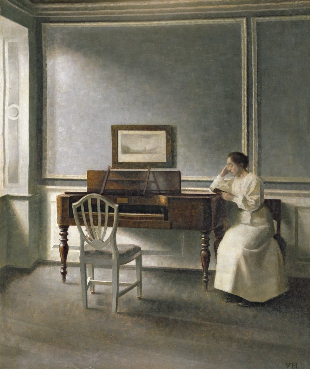 Mwanamke Kusoma kwa Piano, 1907 swed av Vilhelm Hammershoi