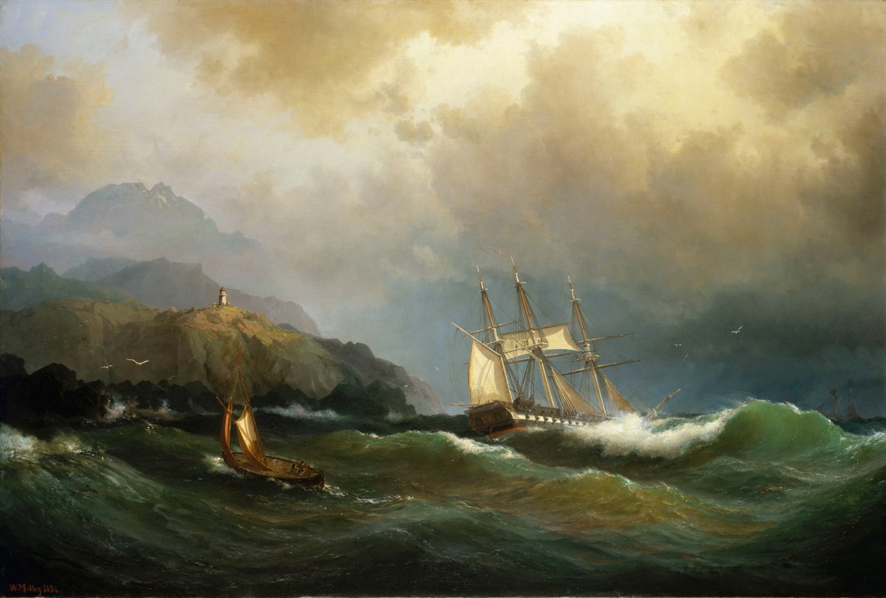 En fregatt som klöser sig loss från en klippig kust av Vilhelm Melbye
