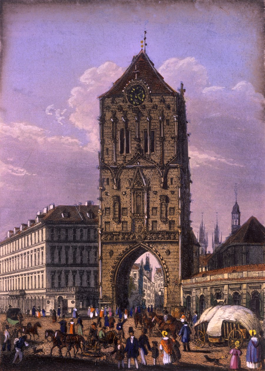 Pulvertornet, Prag, ca 1840 (färgat stålgravyr) av Vincenc Morstadt