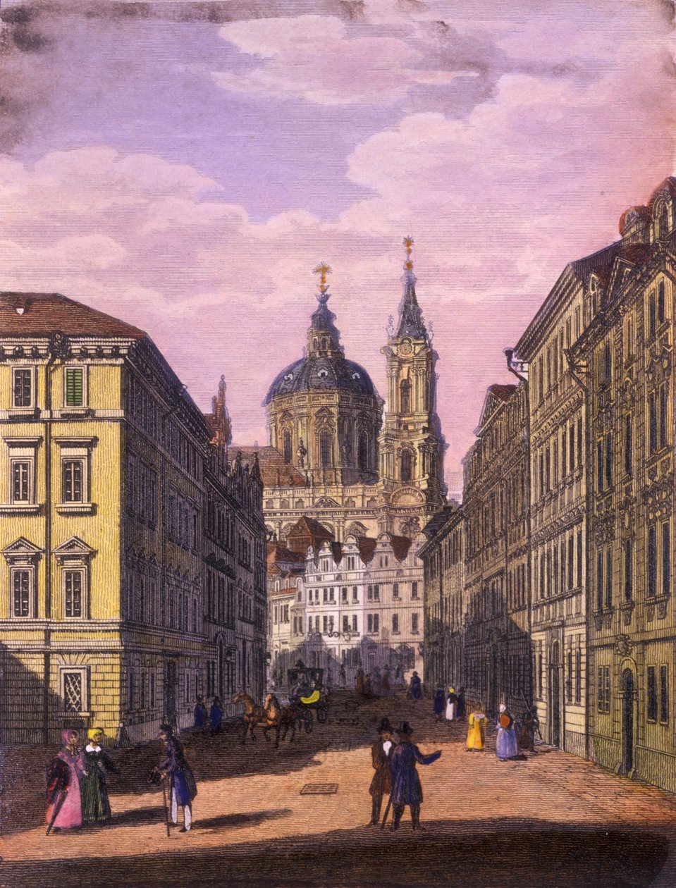 Sankt Nikolaus kyrka i Lilla kvarteret, Prag, 1847 (färgad stålstick) av Vincenc and Geissler, F. Morstadt