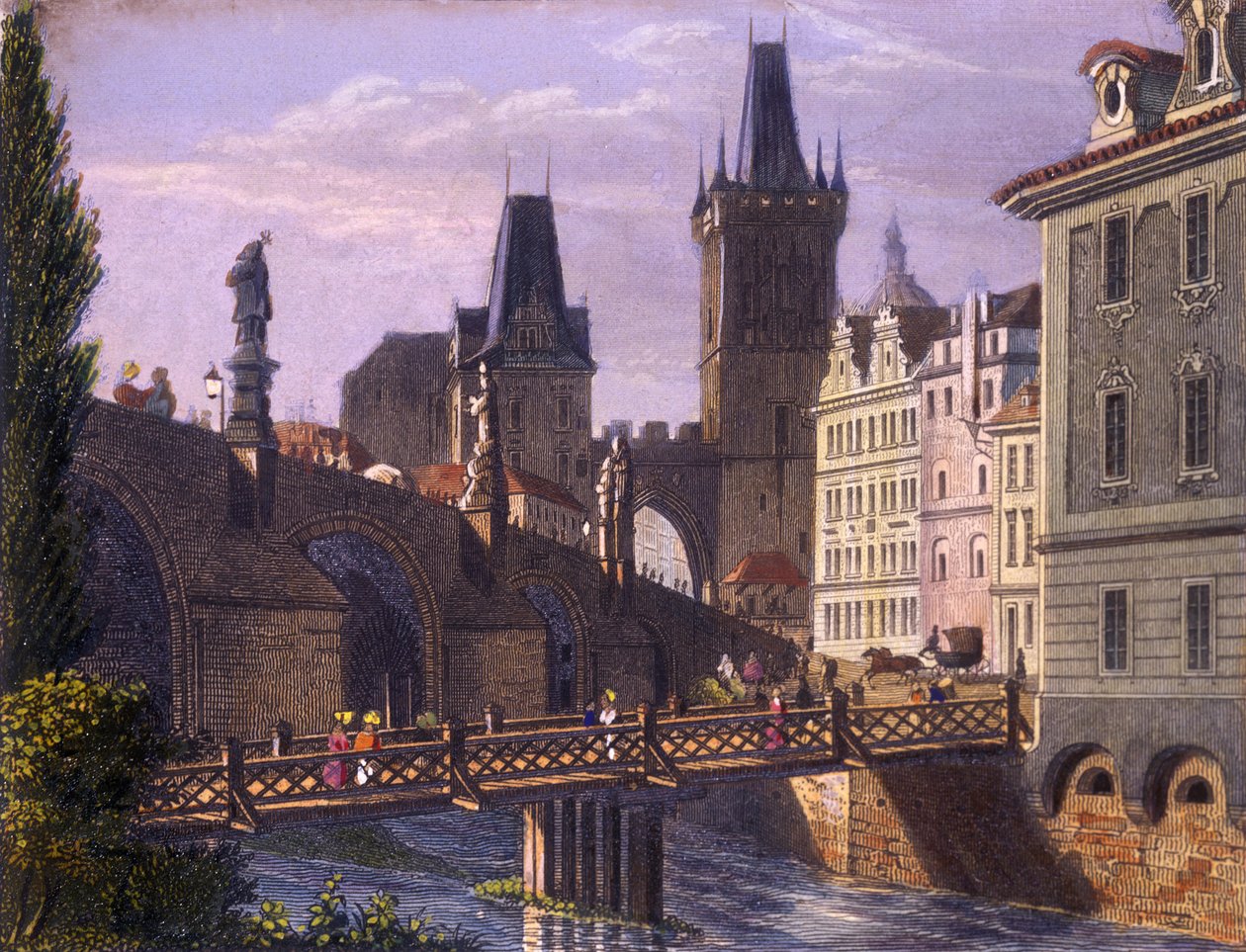 Little Quarter Bridge Towers, 1847 (färgad stålstick) av Vincenc Morstadt