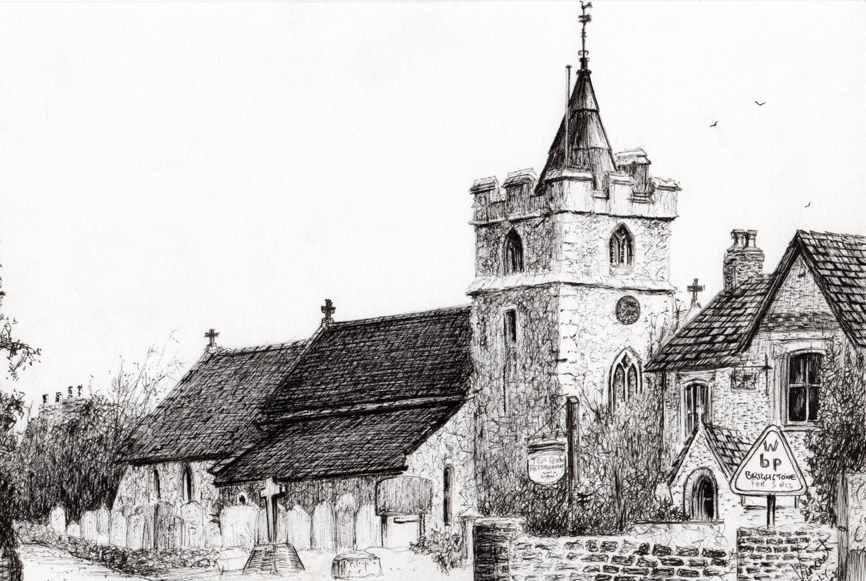 Brighstone Church I.O.W., 2008, (bläck på papper) av Vincent Alexander Booth