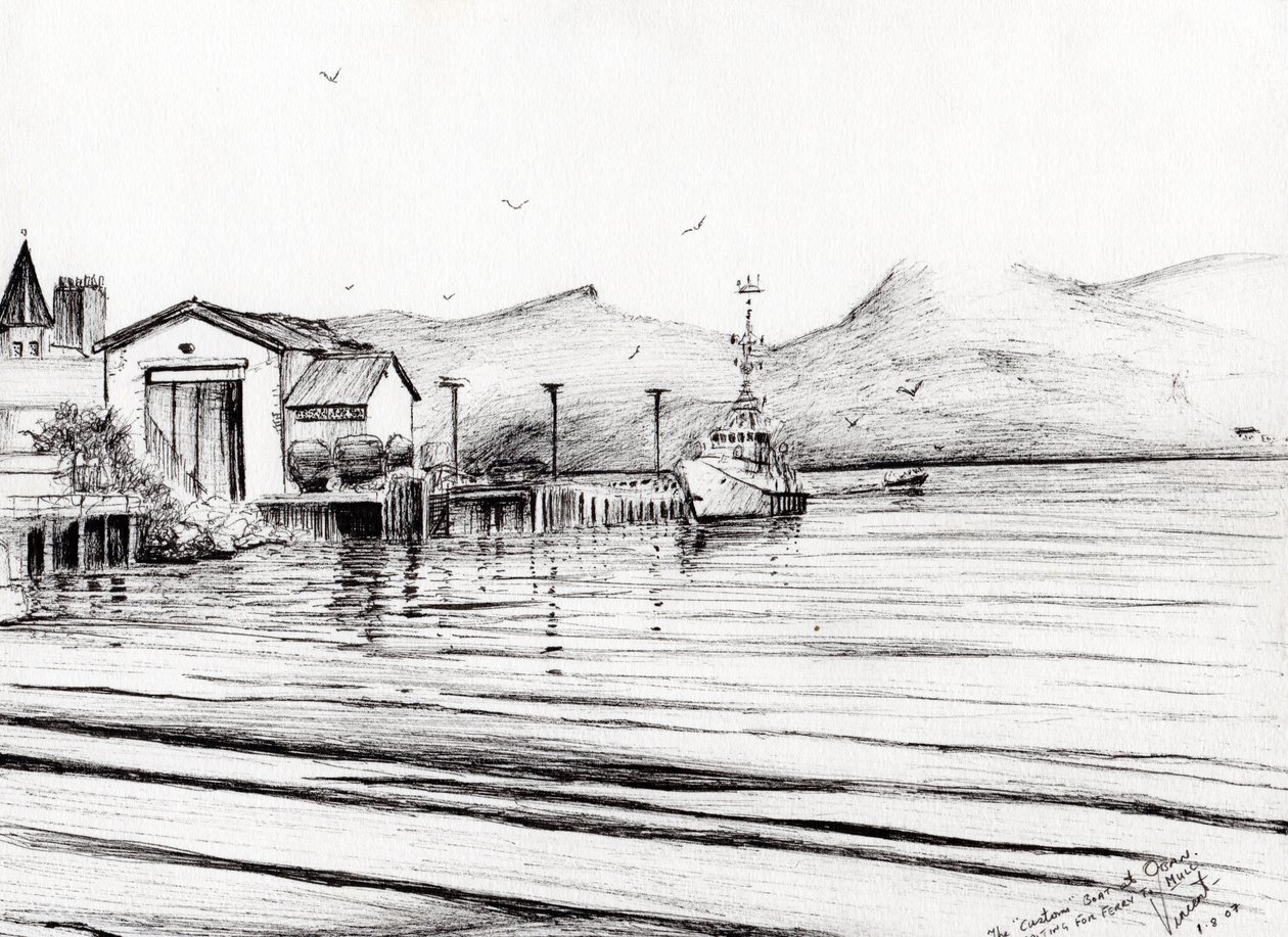 Tullbåt vid Oban, 2007, (bläck på papper) av Vincent Alexander Booth