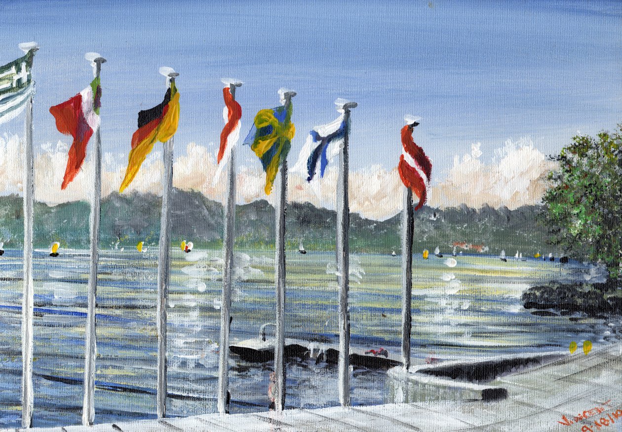 Flaggor på Lac Leman, 2010, (akryl på canvastavla) av Vincent Alexander Booth