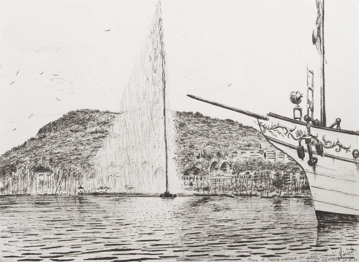 Genèves fontän och nöjeskryssare, 2011, (bläck på papper) av Vincent Alexander Booth