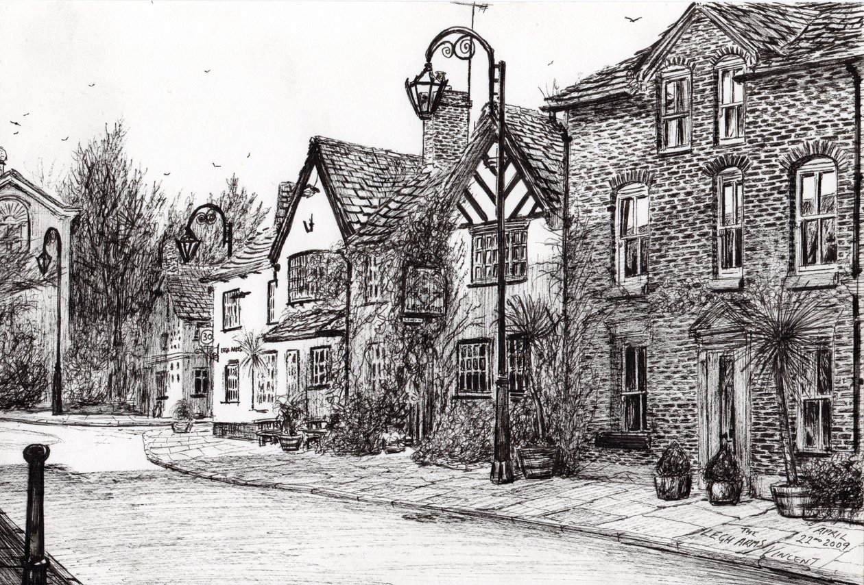 Legh Arms Prestbury, 2009, (bläck på papper) av Vincent Alexander Booth