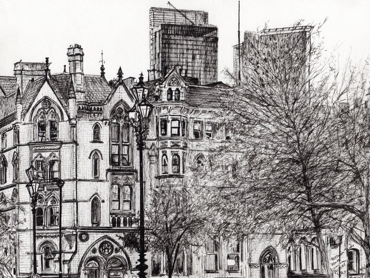 Manchester Beetham tower, 2007, (bläck på papper) av Vincent Alexander Booth
