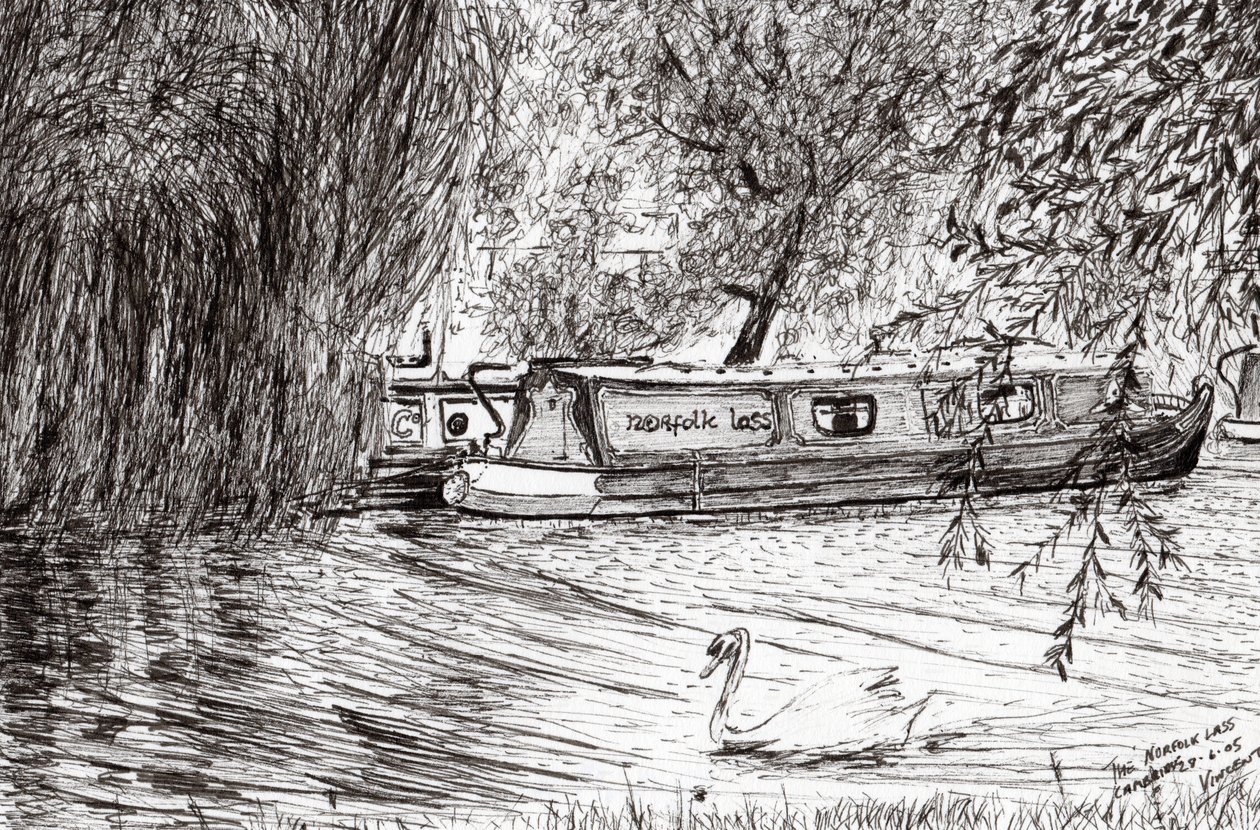 Narrow boats Cambridge, 2005, (bläck på papper) av Vincent Alexander Booth