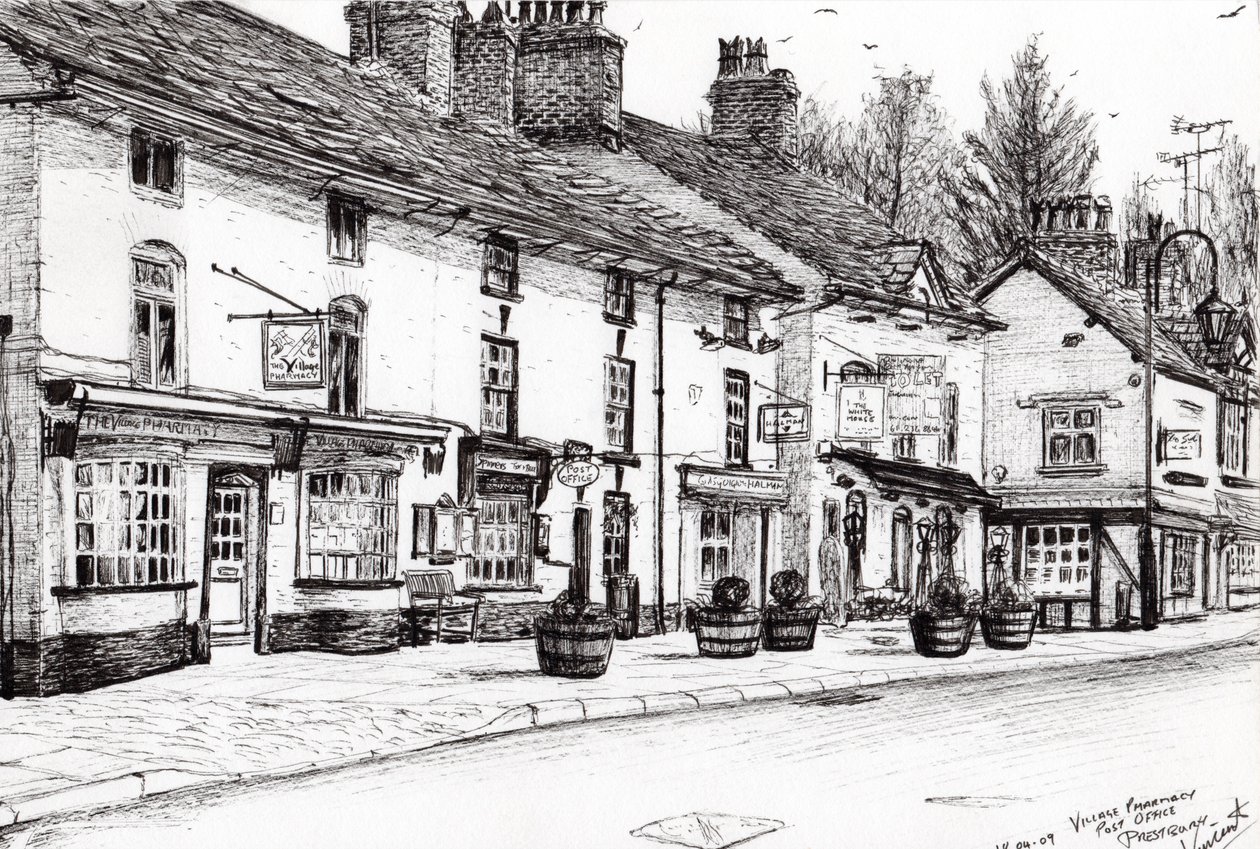 Postkontor Prestbury, 2009, (bläck på papper) av Vincent Alexander Booth