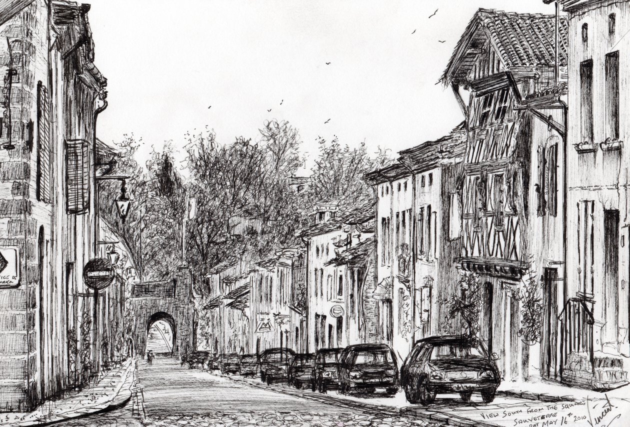 Sauveterre kväll Frankrike, 2010, (bläck på papper) av Vincent Alexander Booth