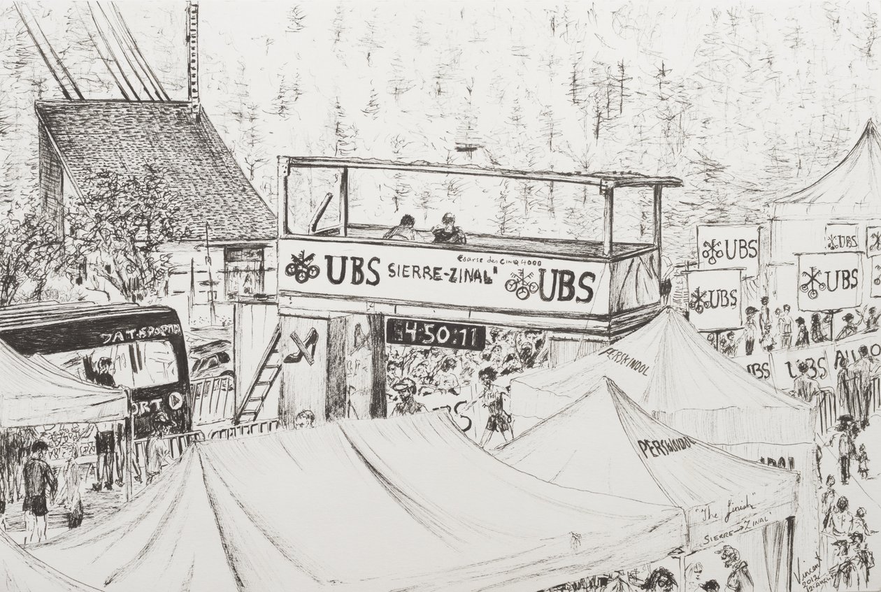 Sierre till Zinal Mountain Race, The Finish 2012. (Bläck på papper) av Vincent Alexander Booth