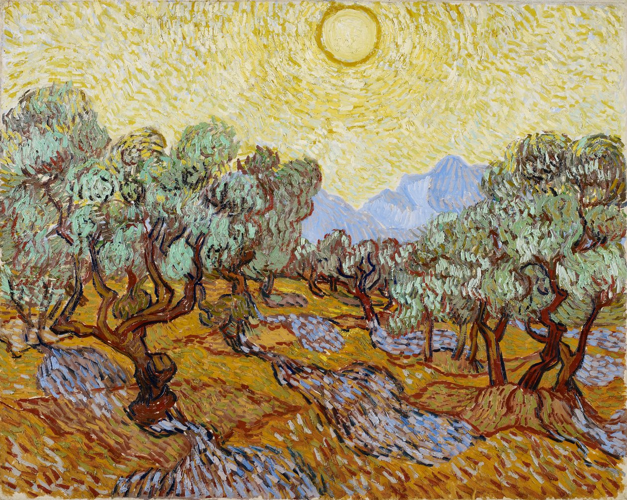 Olive Trees with yellow sky and sun av Vincent van Gogh