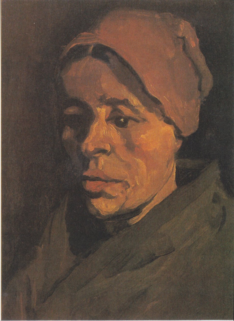 Huvud för en bondekvinna med en brunaktig huva av Vincent van Gogh