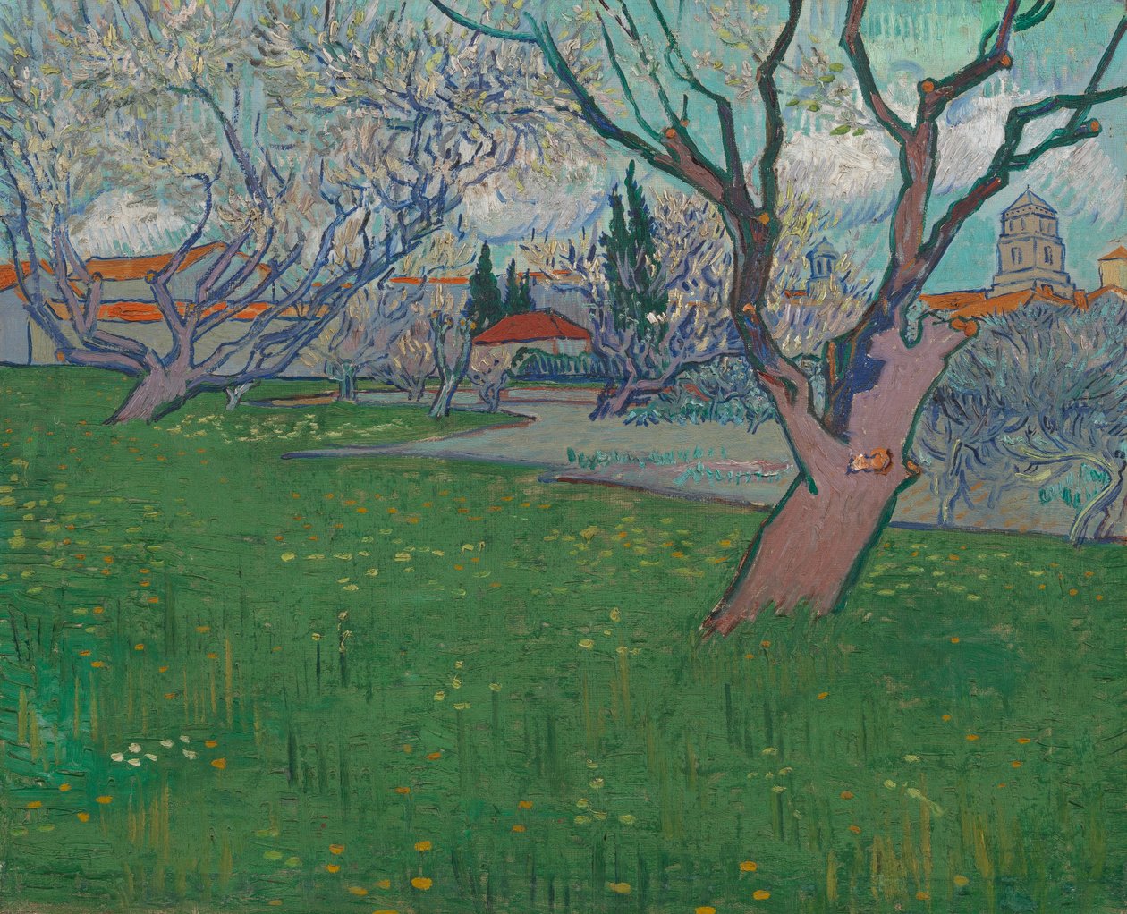Fruktträdgårdar i Blossom, utsikt över Arles av Vincent van Gogh
