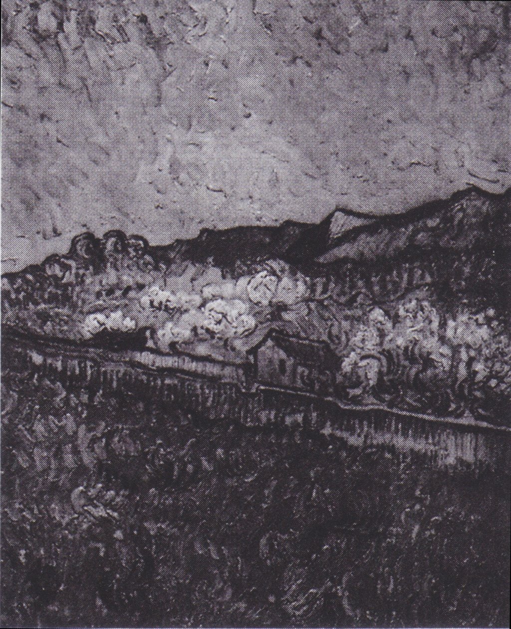 Inhägnat fält med utsikt över ett bergslandskap av Vincent van Gogh