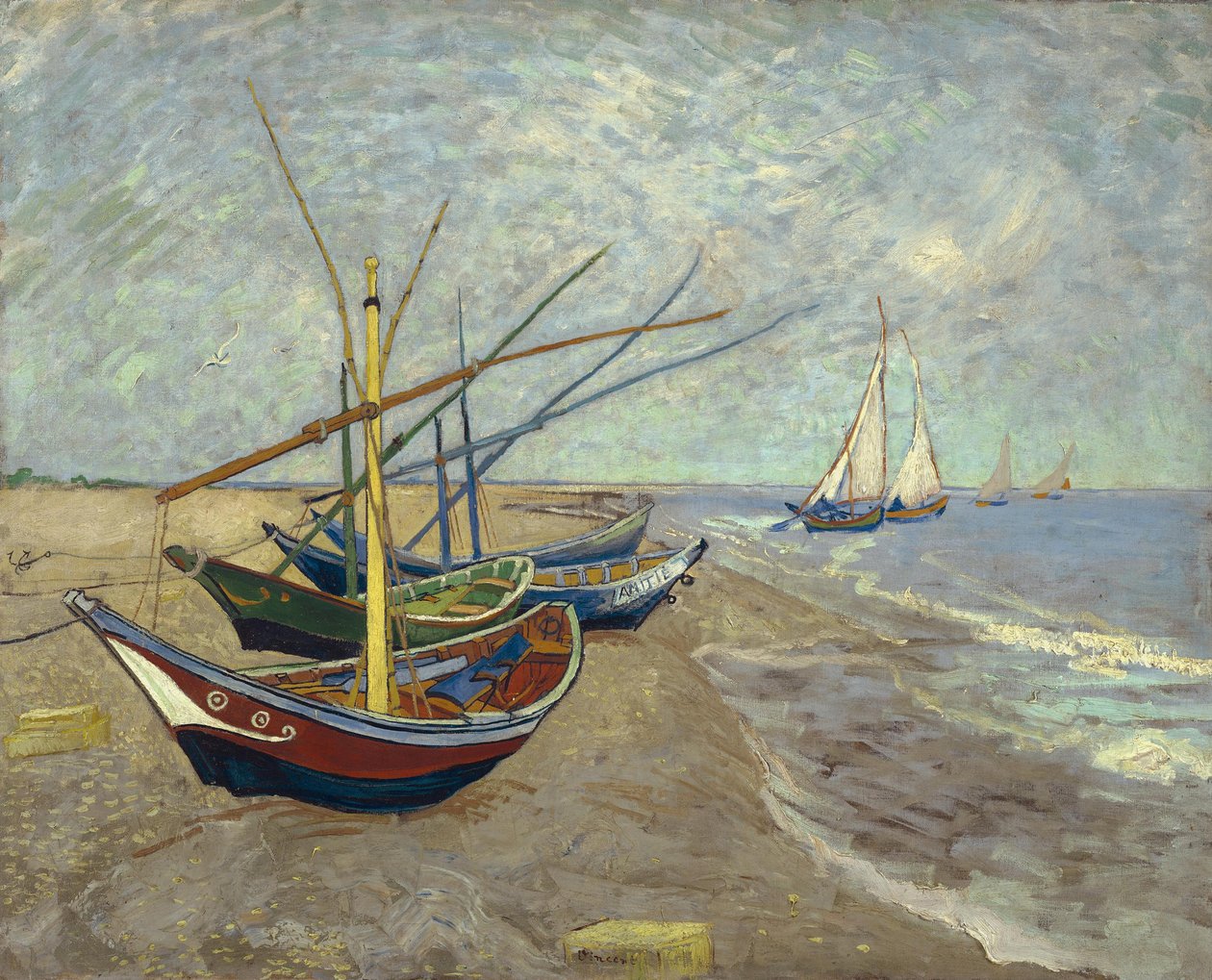 Fiskebåtar på stranden Les Saintes-Maries-de-la-Mer av Vincent van Gogh