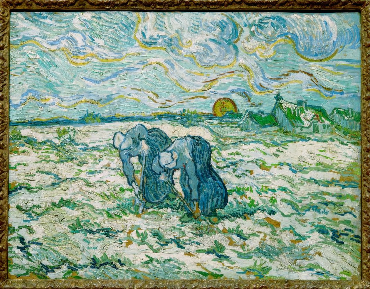 Två bondkvinnor gräver på ett snötäckt fält. av Vincent van Gogh