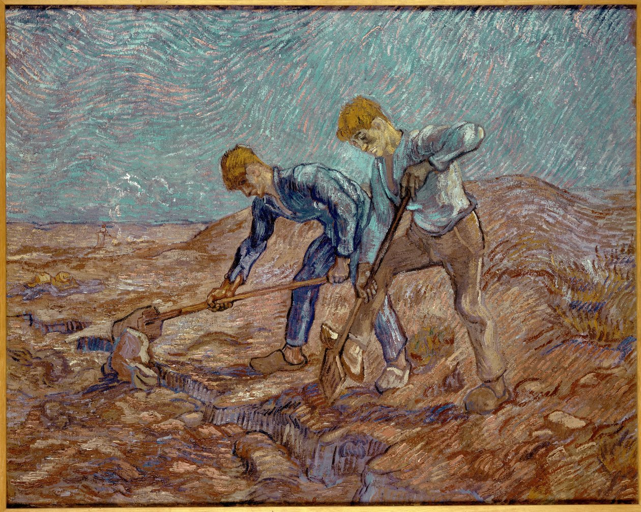 Två bönder som gräver efter hirs, 1889. av Vincent van Gogh