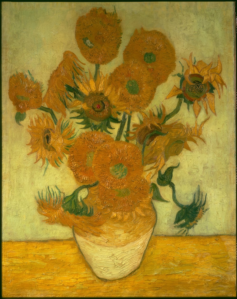 Fyra tio solrosor i en vas av Vincent van Gogh