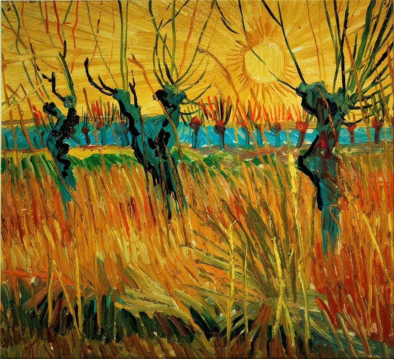 Willows vid solnedgången av Vincent van Gogh