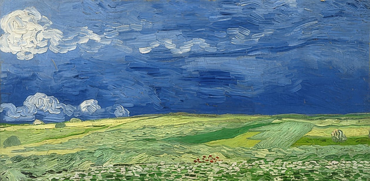 Vetefält under en stormig himmel. 1890 av Vincent van Gogh