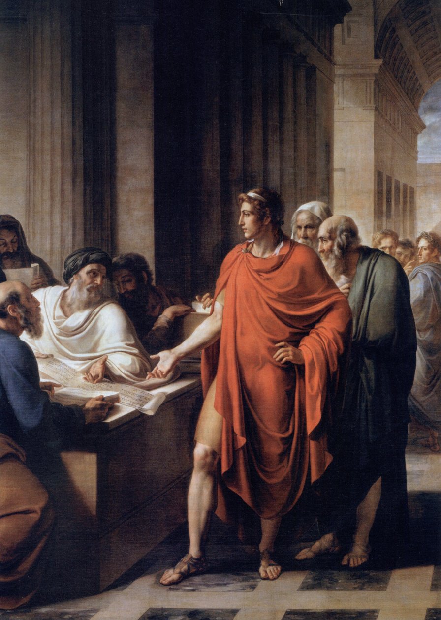 Ptolemaios II Philadelphus undersöker en papyrusrulle. av Vincenzo Camuccini