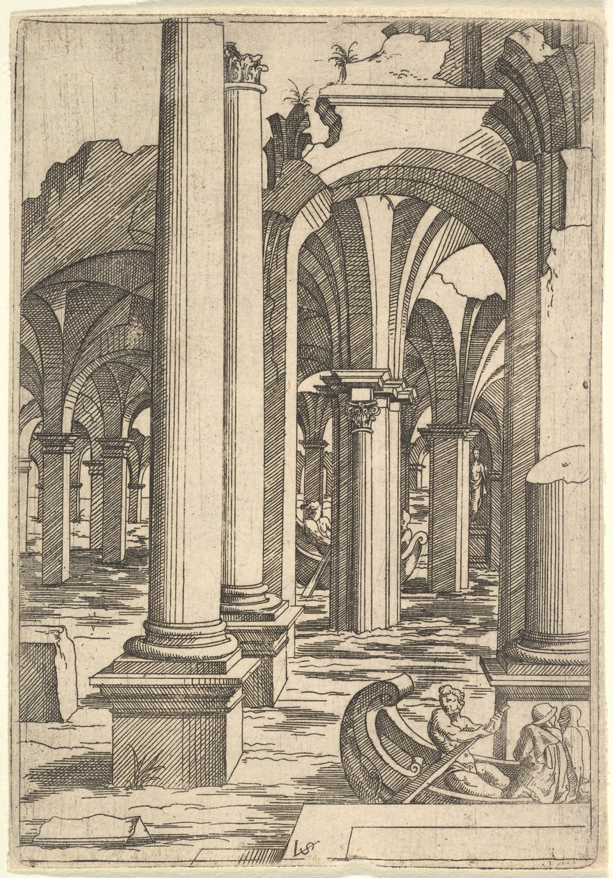 Båtar rodd genom överflödade ruiner, ca. 1550-62. av Virgil Solis