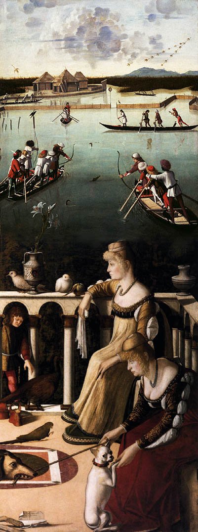 Due dame veneziane e caccia in laguna av Vittore Carpaccio