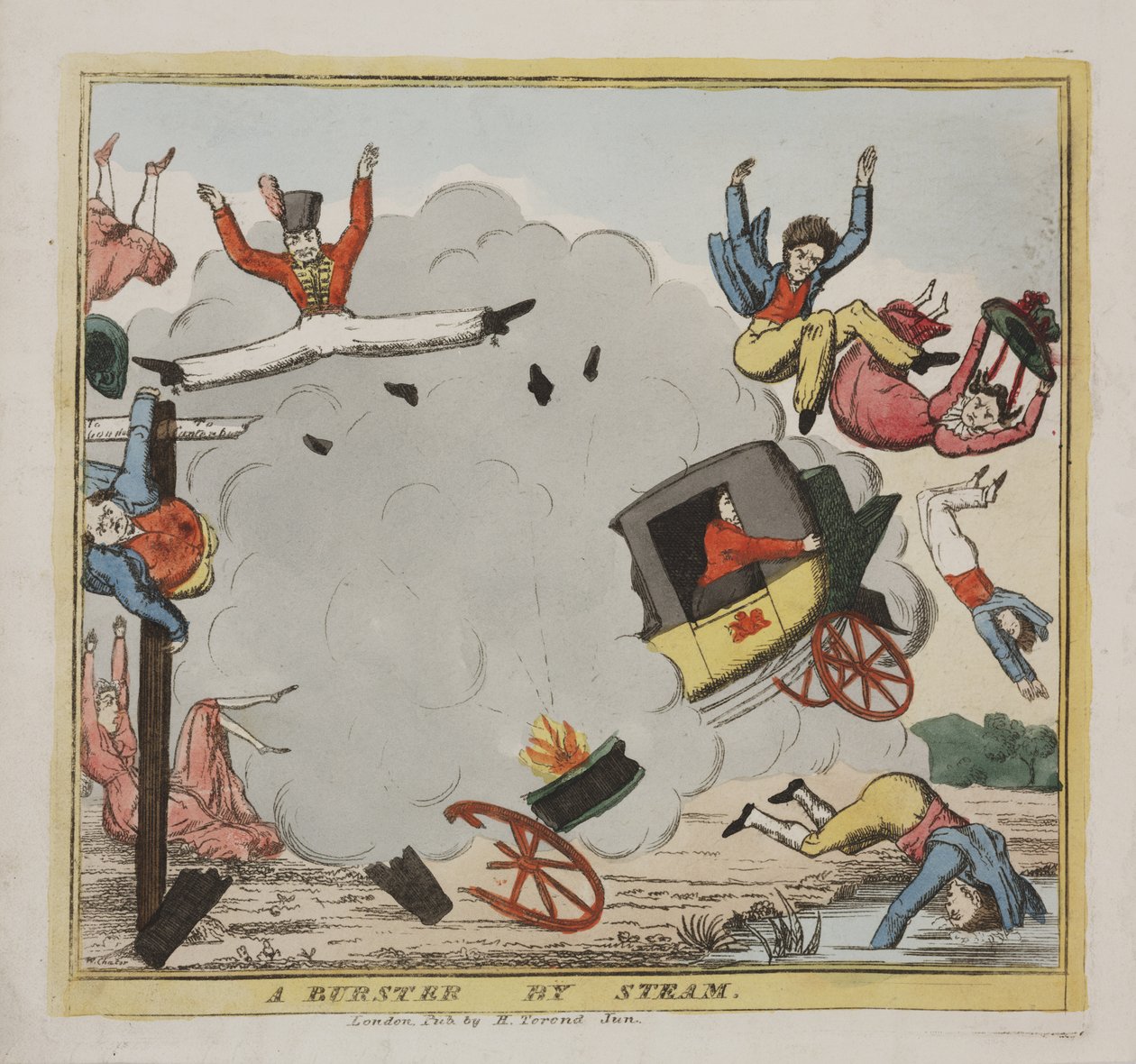 A Burster by Steam, ca 1835 (färgad etsning) av W. Chater