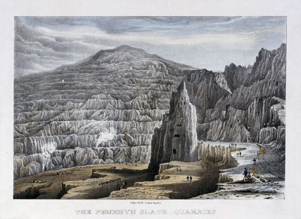 The Penrhyn Slate Quarries, 1842 (handfärgad litho) av Walter Crane