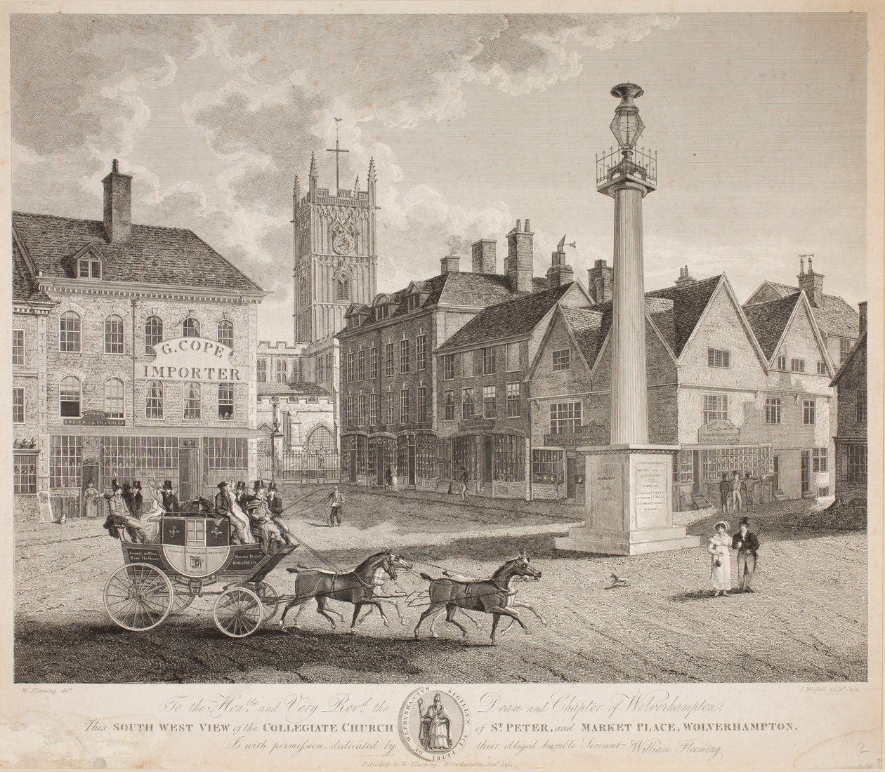Sydvästlig vy av St Peter-kyrkan och Market Place, Wolverhampton, 1824 av W. Fleeming