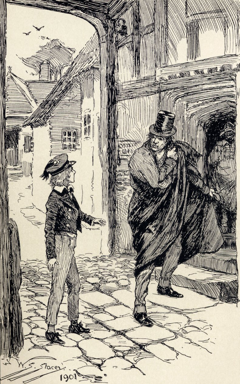 Oliver möter en mystisk främling, ur "Oliver Twists äventyr" av Charles Dickens, 1901. av W.S. Stacey