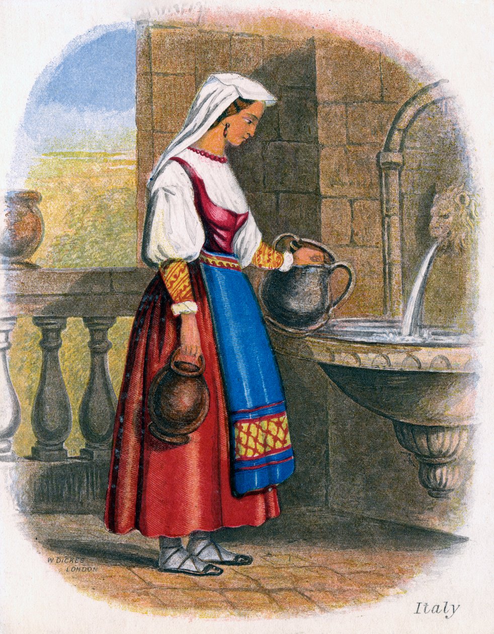 Italiensk kvinna som samlar vatten, 1809. av W. Dickes
