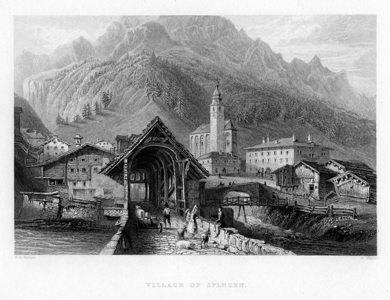Byn Splugen, Schweiz, 1834 av W. Wallis
