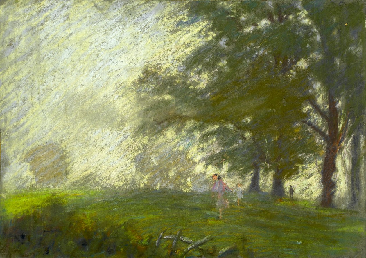 En ung flicka hoppar i en glänta (pastell på papper) av Walter Bonner Gash